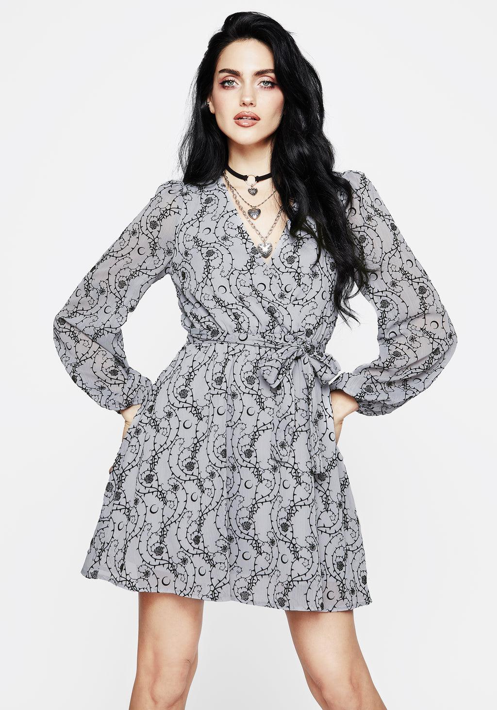 Rosethorn Flocked Velour Chiffon Faux Wrap Mini Dress - Blue Product Image