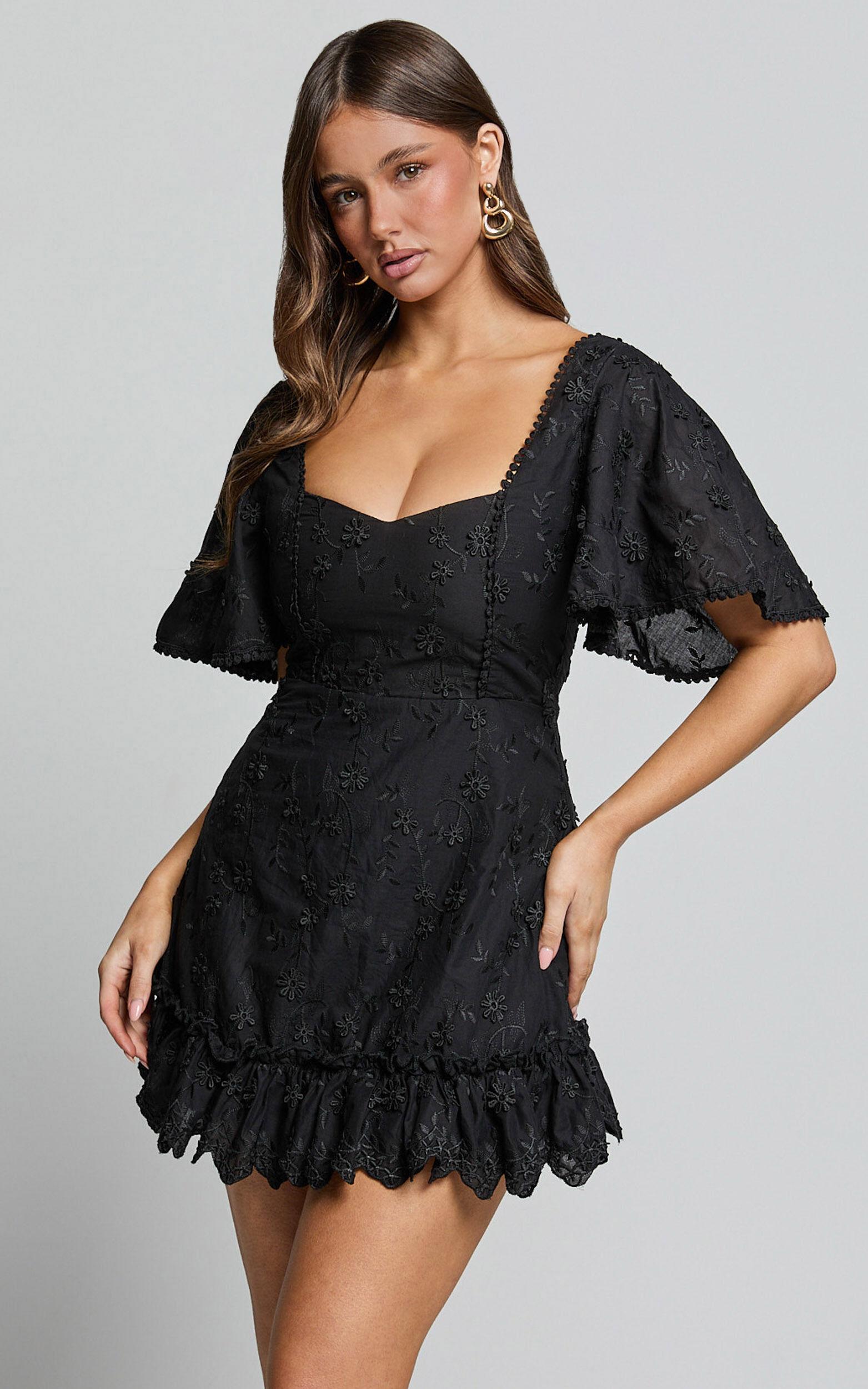 Fancy A Spritz Mini Dress - Square Neck Dress in Black Embroidery Product Image