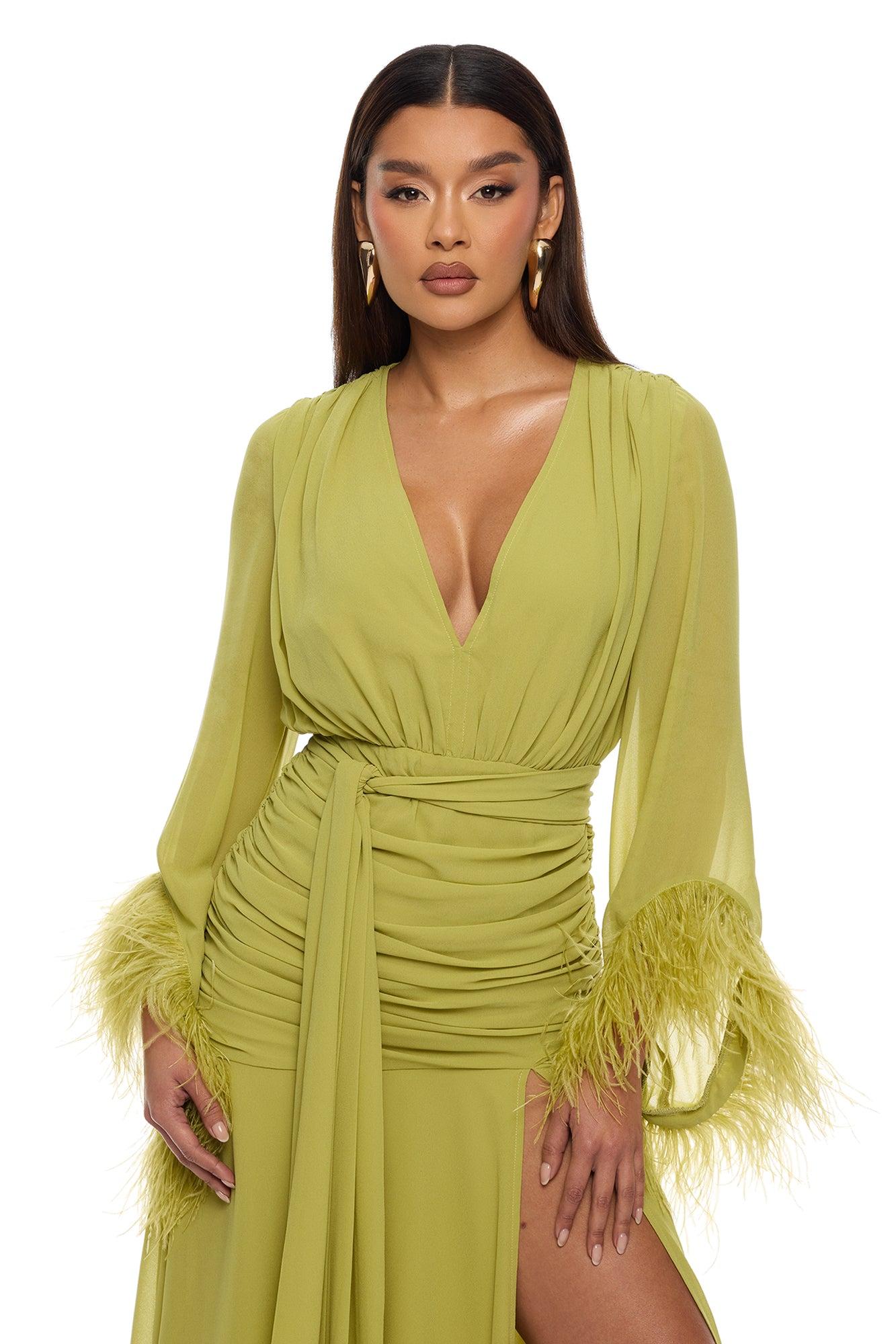 Daisey Feathered Chiffon Maxi Dress - Chartreuse Female Product Image