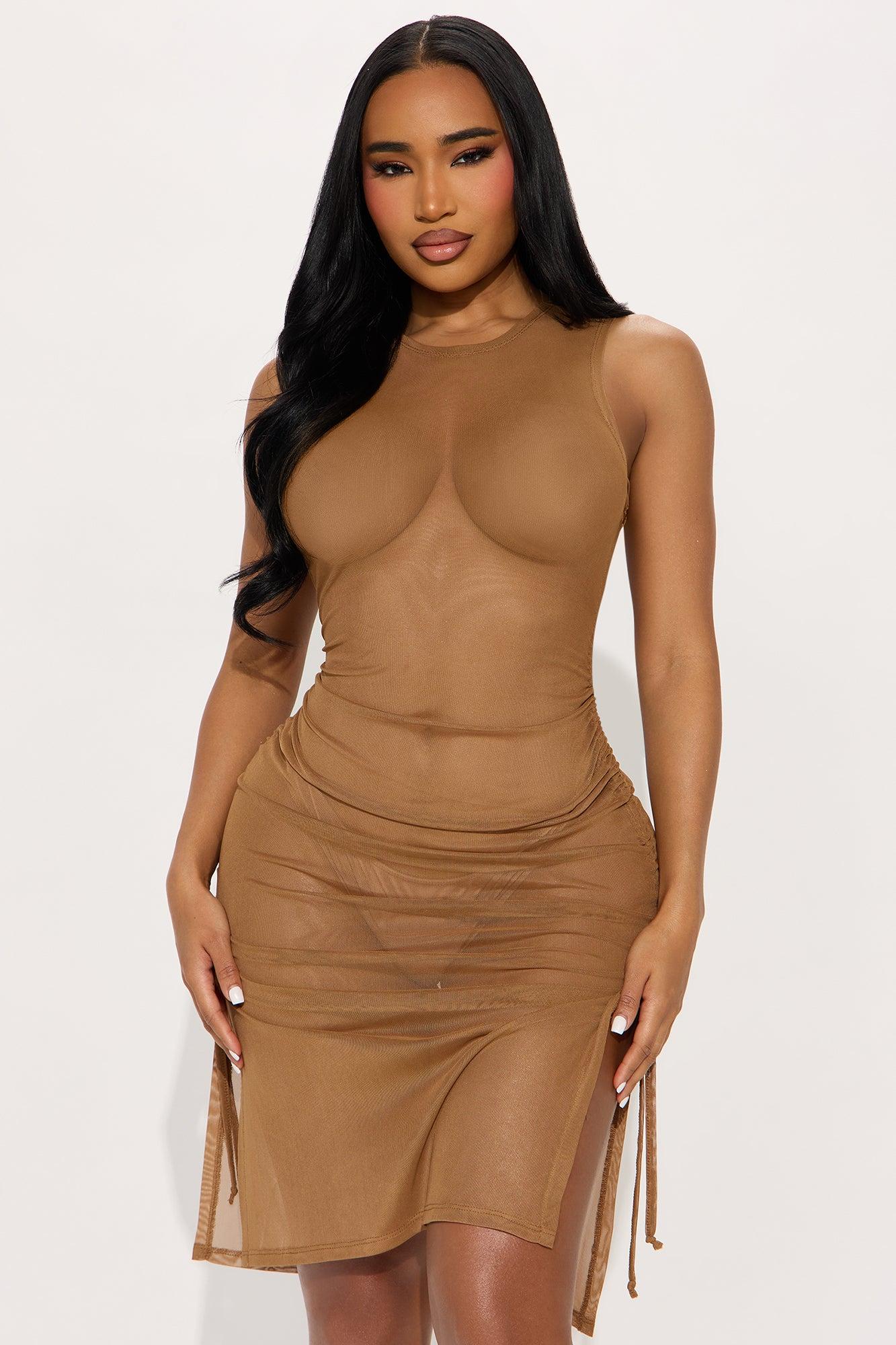 Summer Beach Party Ruched Mesh Cover Up Maxi Dress - Mocha Product Image