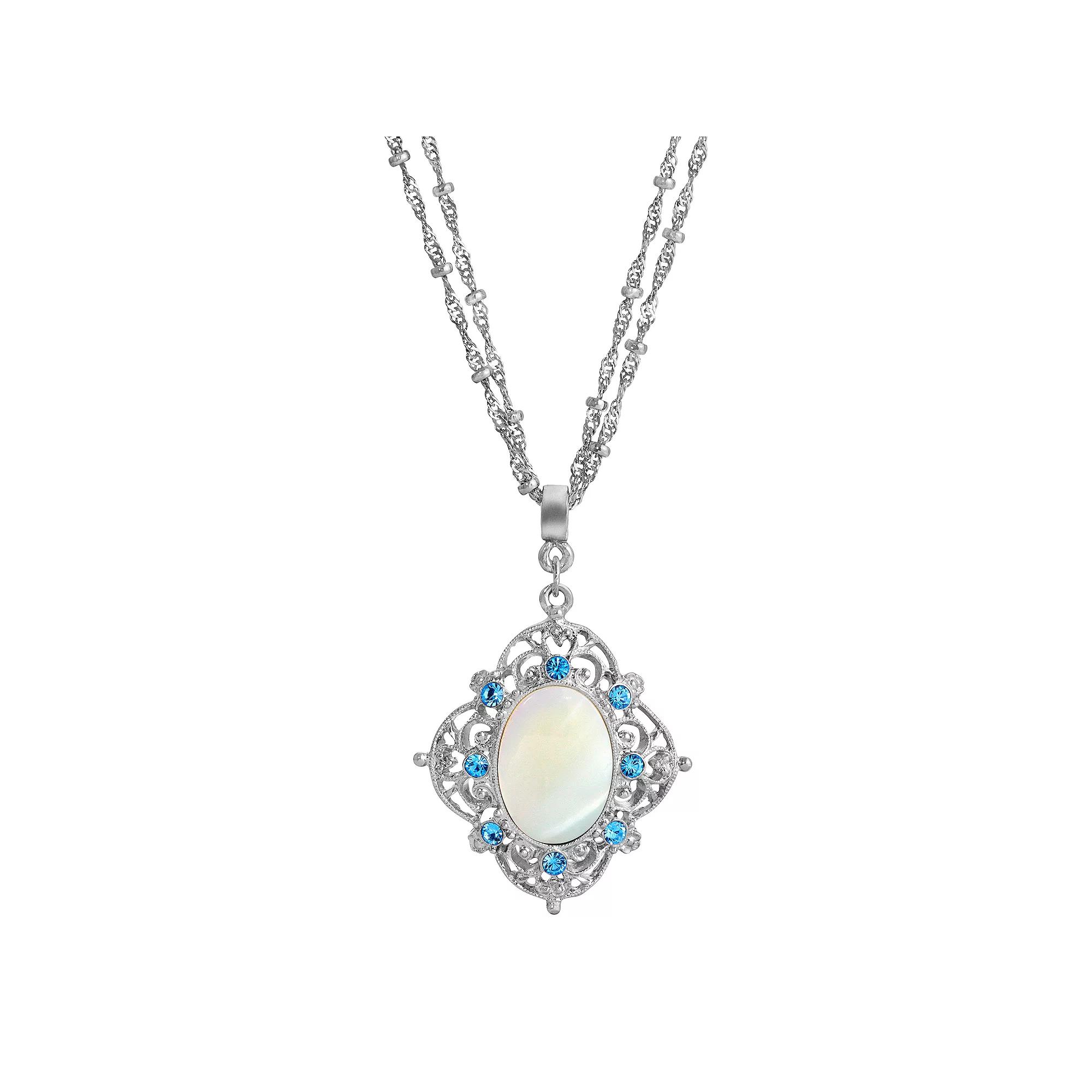 1928 Silver Tone Aqua and Simulated Oval Pearl Necklace, Womens, White Product Image