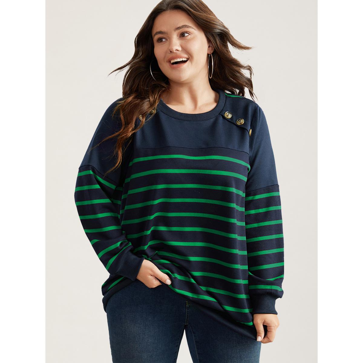 Plus Size Striped Patchwork Button Detail Sweatshirt Women Blue Casual Non Round Neck Everyday Sweatshirts BloomChic 18-20/2X Product Image
