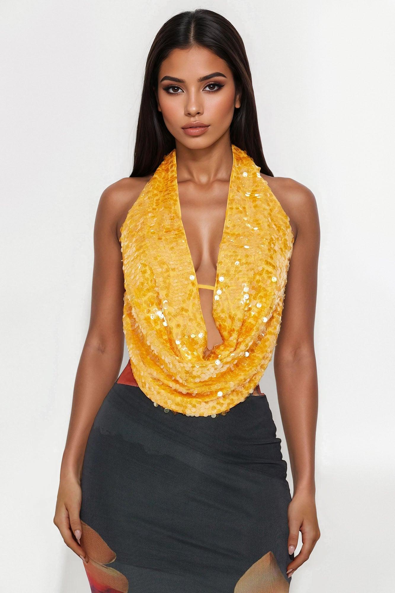 Sunset Skies Sequin Halter Top - Orange Female Product Image
