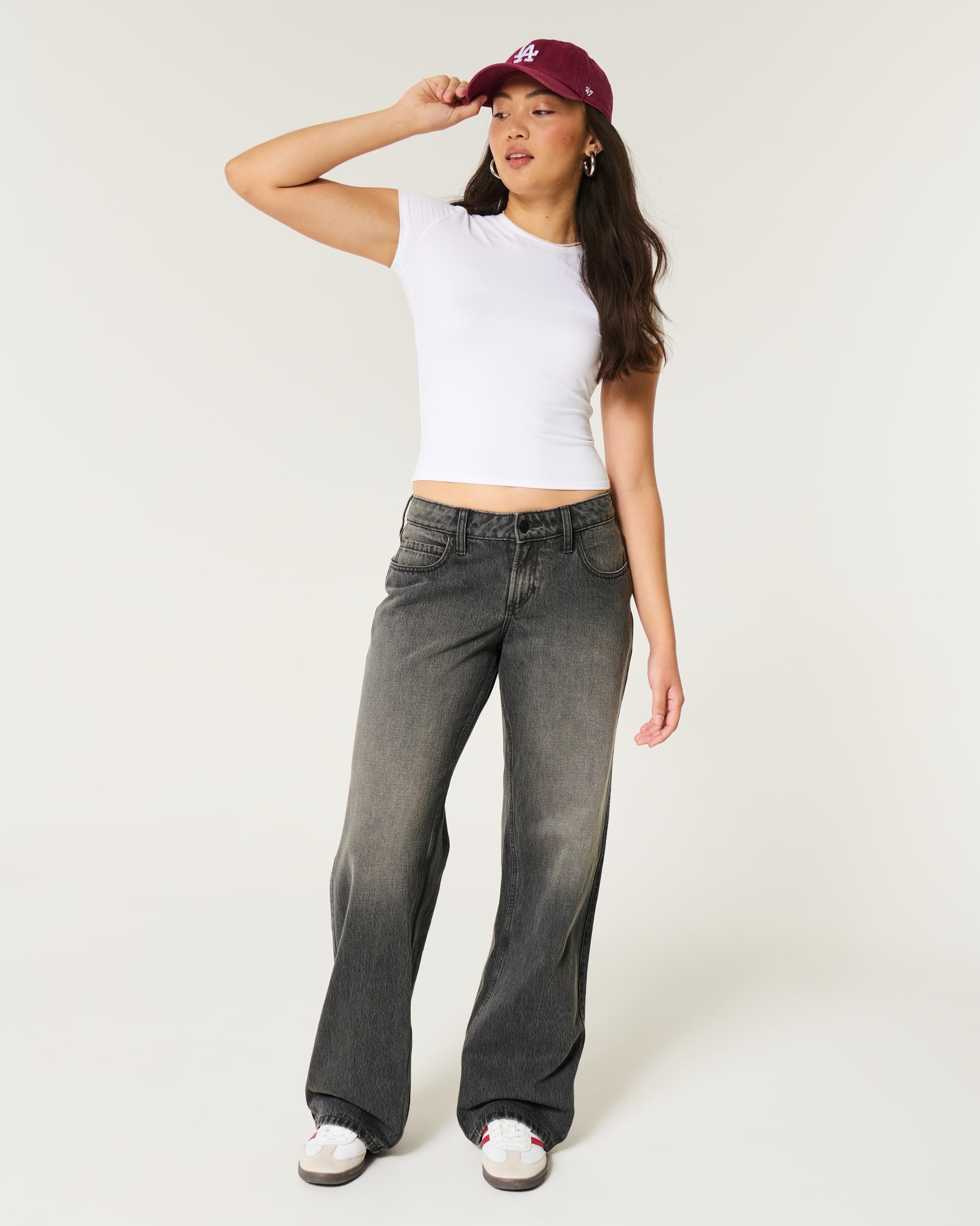 Curvy Low-Rise Washed Black Baggy Jeans Product Image