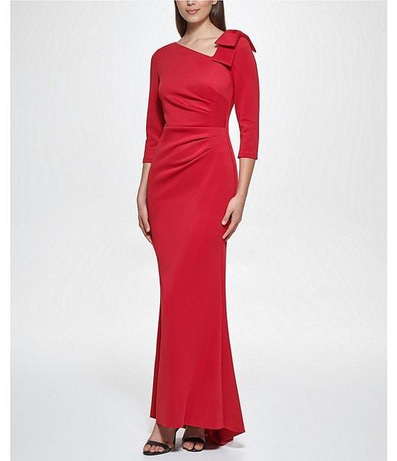 Jessica Howard 3/4 Sleeve Asymmetrical Neck Bow Shoulder Side Tuck Gown Product Image