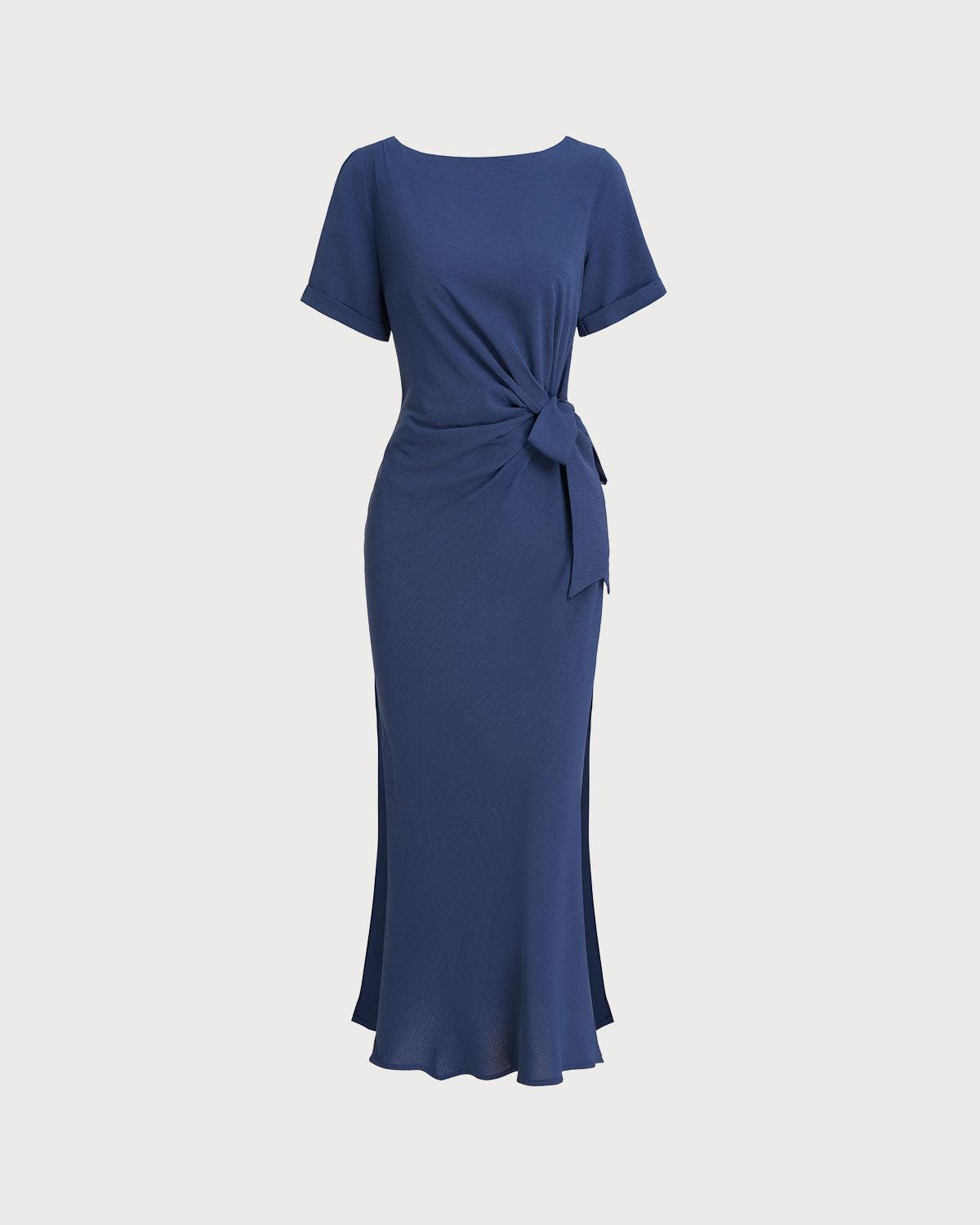 Blue Round Neck Short Sleeve Maxi Dress Product Image
