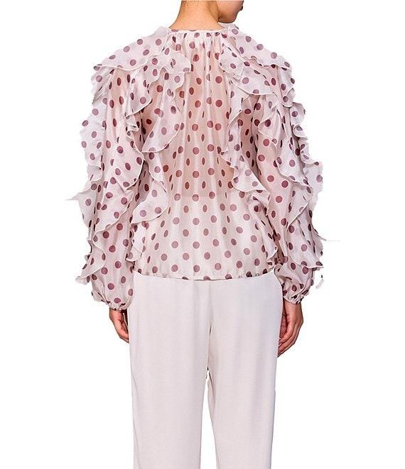 MELLODAY Polka Dot All Over Ruffle Tie Front Long Sleeve Blouse Product Image