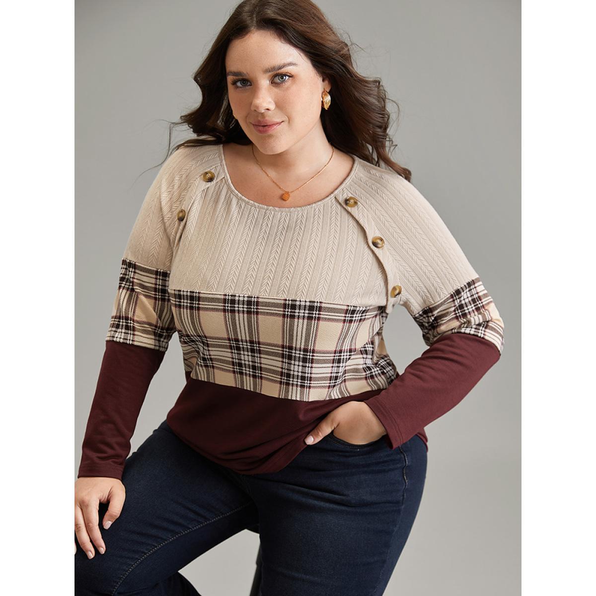 Plus Size Colorblock Contrast Button Detail Plaid Sweatshirt Women Burgundy Elegant Contrast Round Neck Dailywear Sweatshirts BloomChic 28/5X Product Image