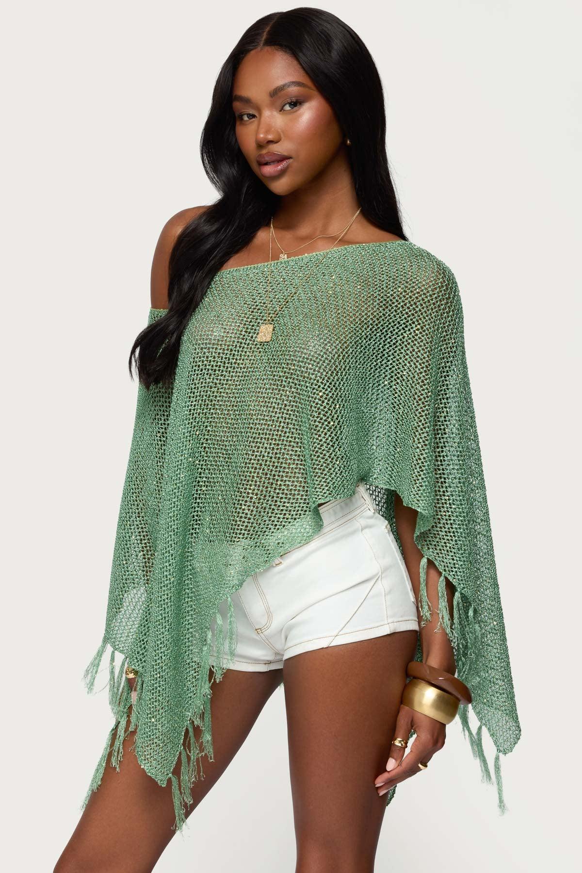 Sequin Fringe Knit Poncho Product Image