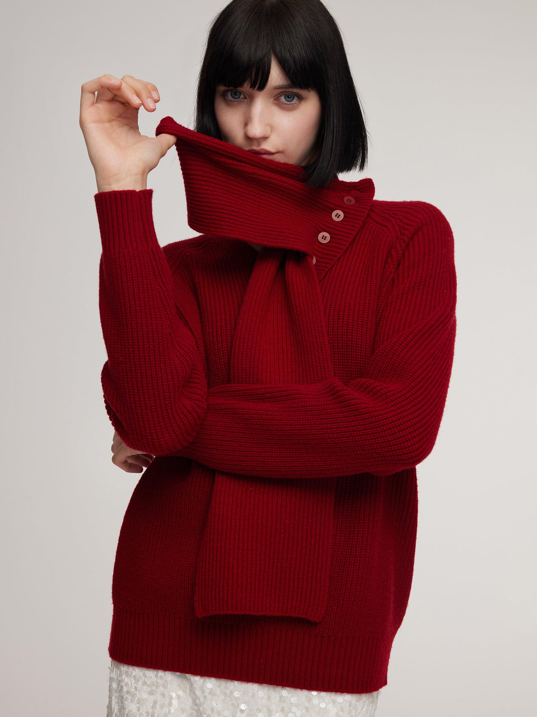 Wool Blend V-Neck Women Sweater With Detachable Scarf Product Image