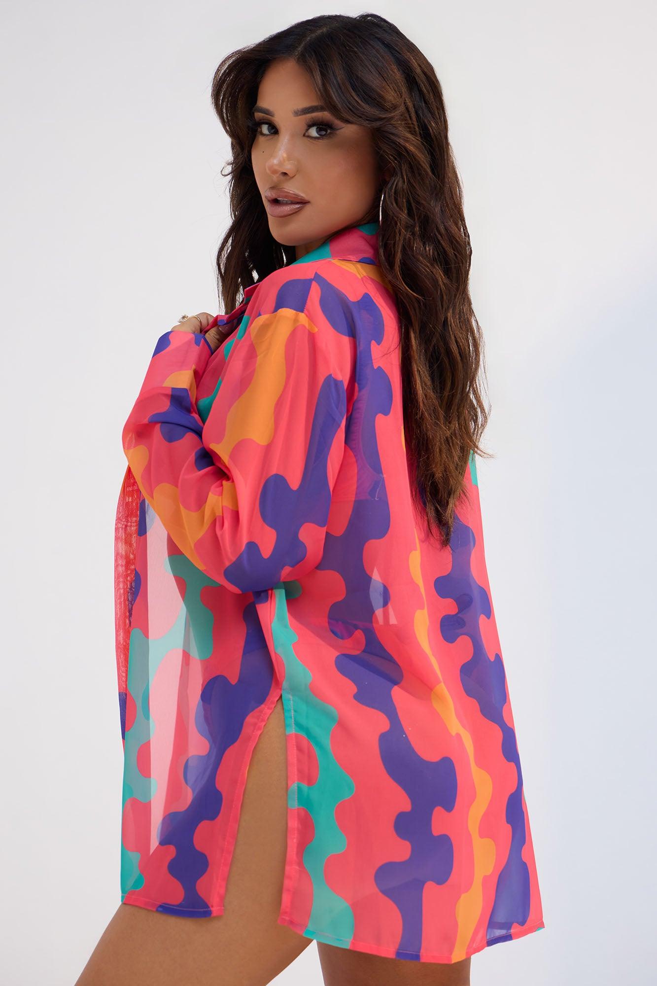 Sultry Summer Button Up Cover Up Shirt - Coral/combo Product Image