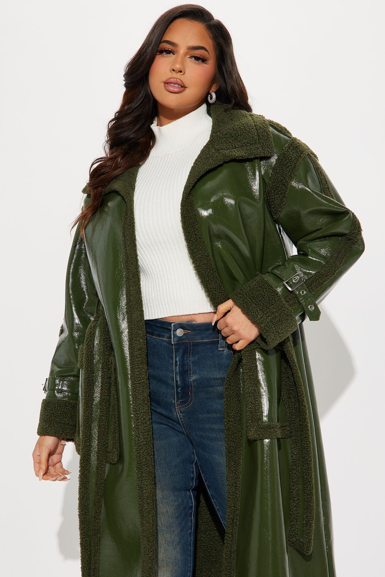 Bad Ideas Shearling Trench Coat - Olive Female Product Image