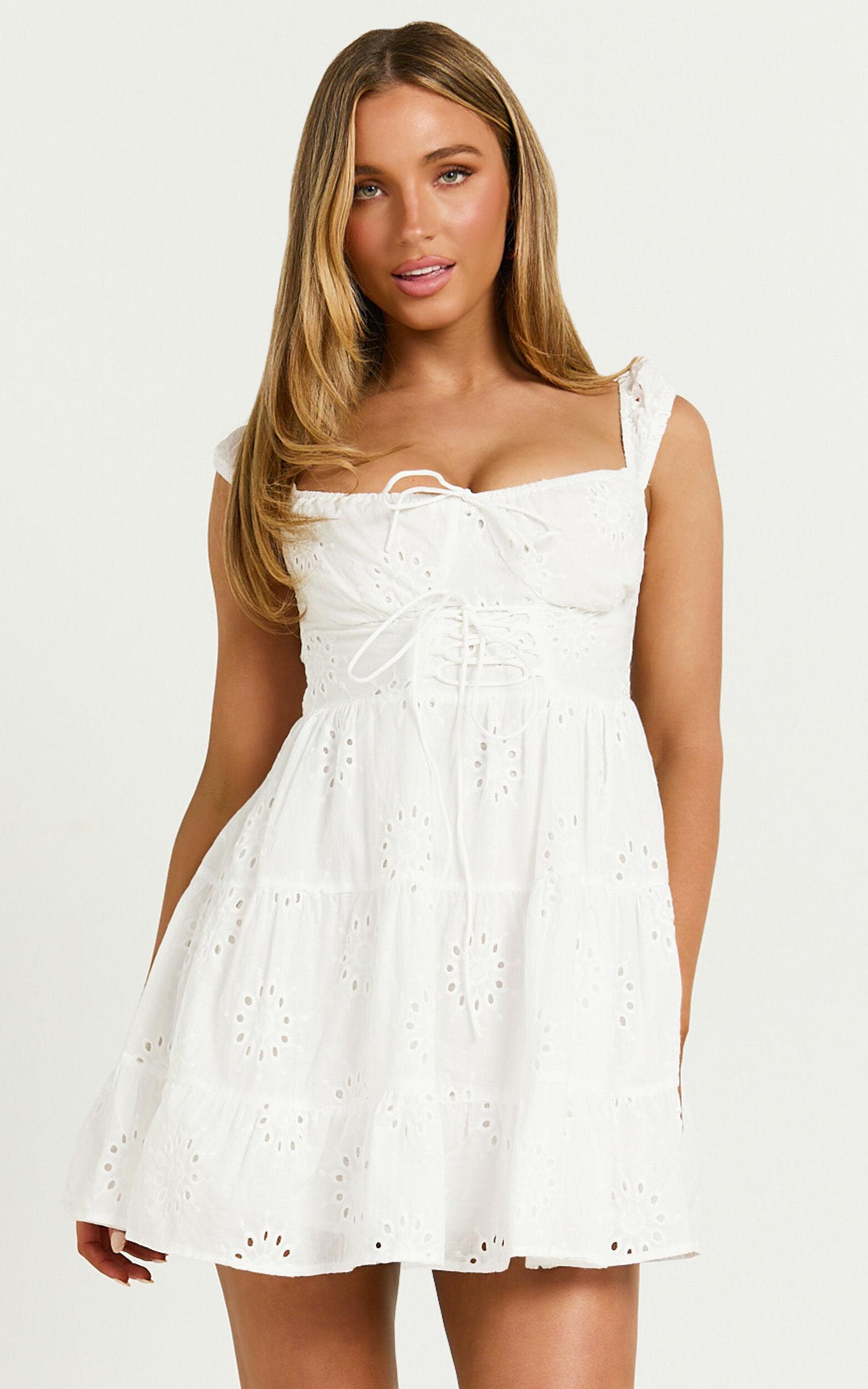 Nieza Mini Dress - Short Sleeve Corset Detail Mini Dress in White Product Image