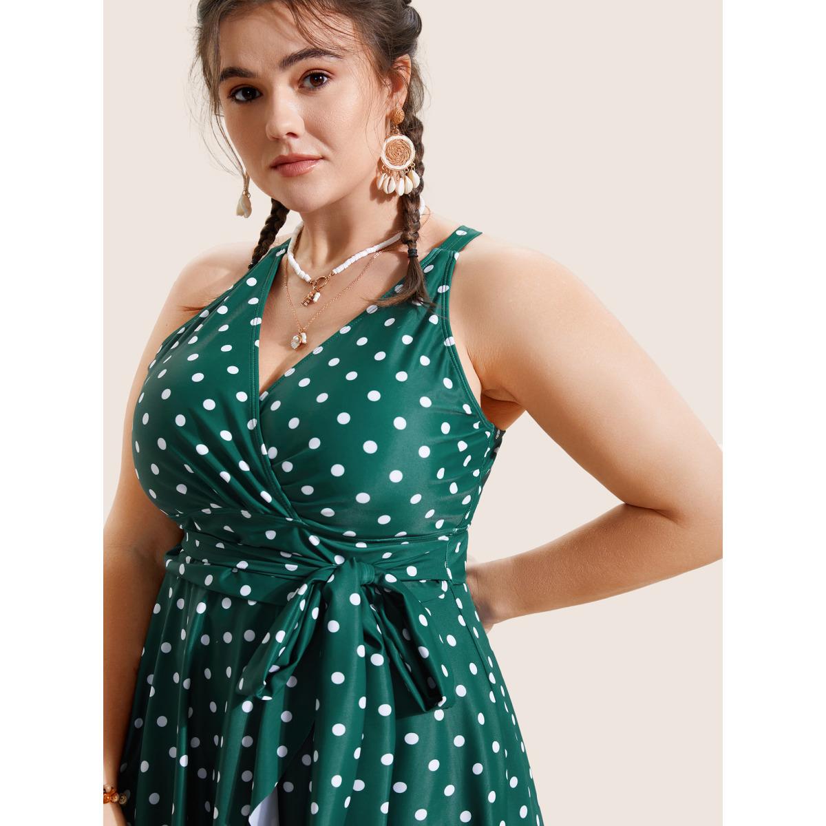 Plus Size Overlap Collar Polka Dot Tie Knot Ruffles Swim Dress Women's Swimwear DarkGreen Beach Bodycon Overlap Collar High stretch Curve Swim Dresses BloomChic 10/M Product Image