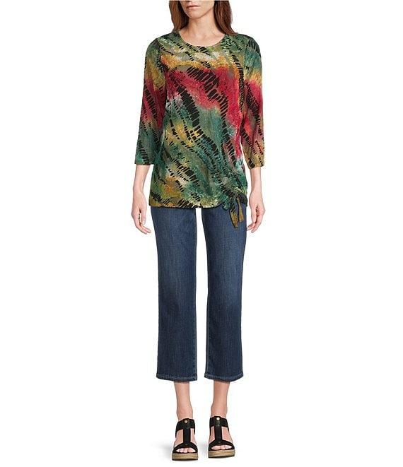 Leo & Nicole Jacquard Multi Color Print Crew Neck 3/4 Sleeve Side Cinched Tie Top Product Image