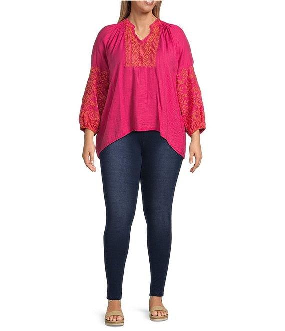 Calessa Plus Size Embroidered Motif Split V-Neckline Long Sleeve Tunic Product Image