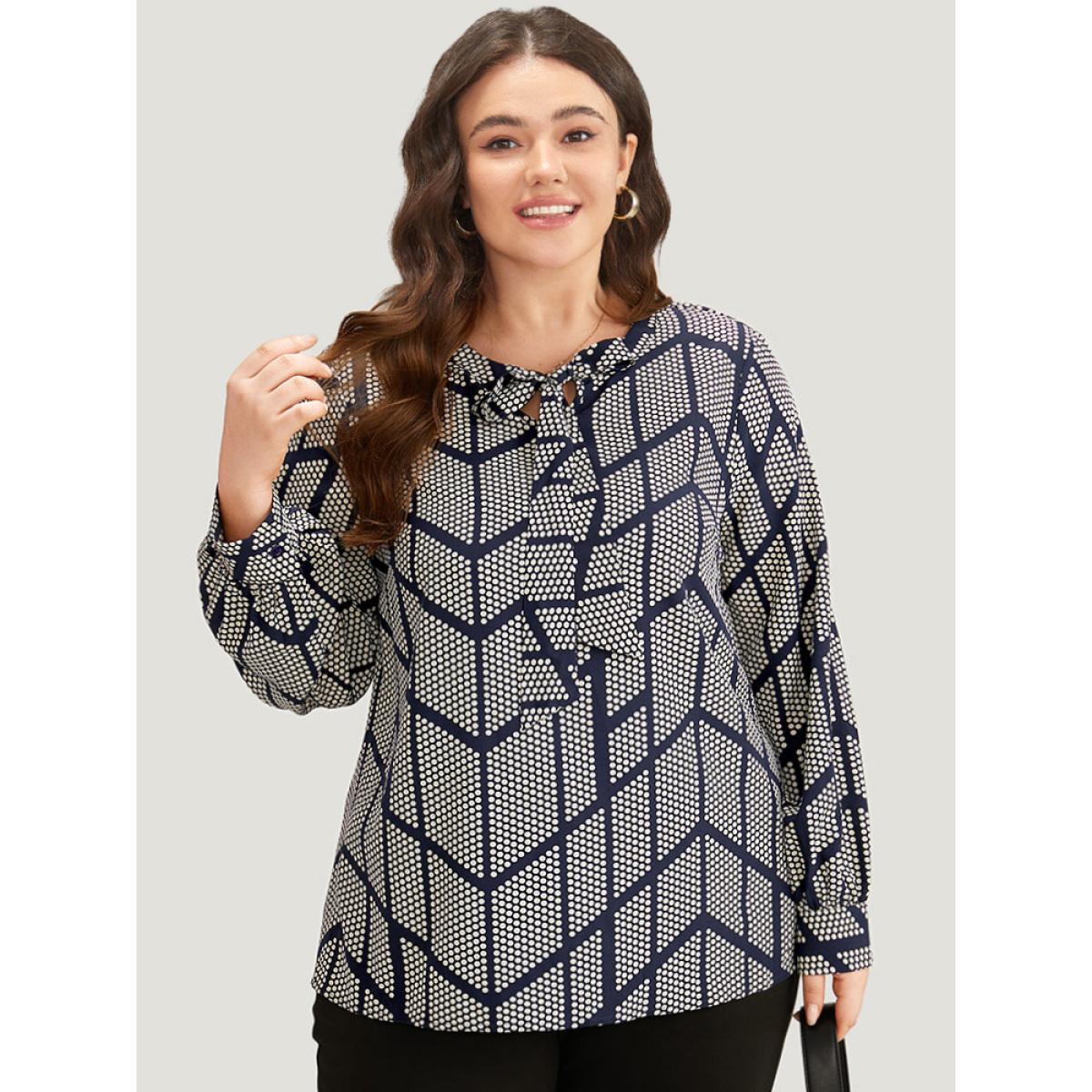 Plus Size Indigo Polka Dot Knot Neck Blouse Women Office Long Sleeve Tie Neck Work Blouses BloomChic 22-24/3X Product Image