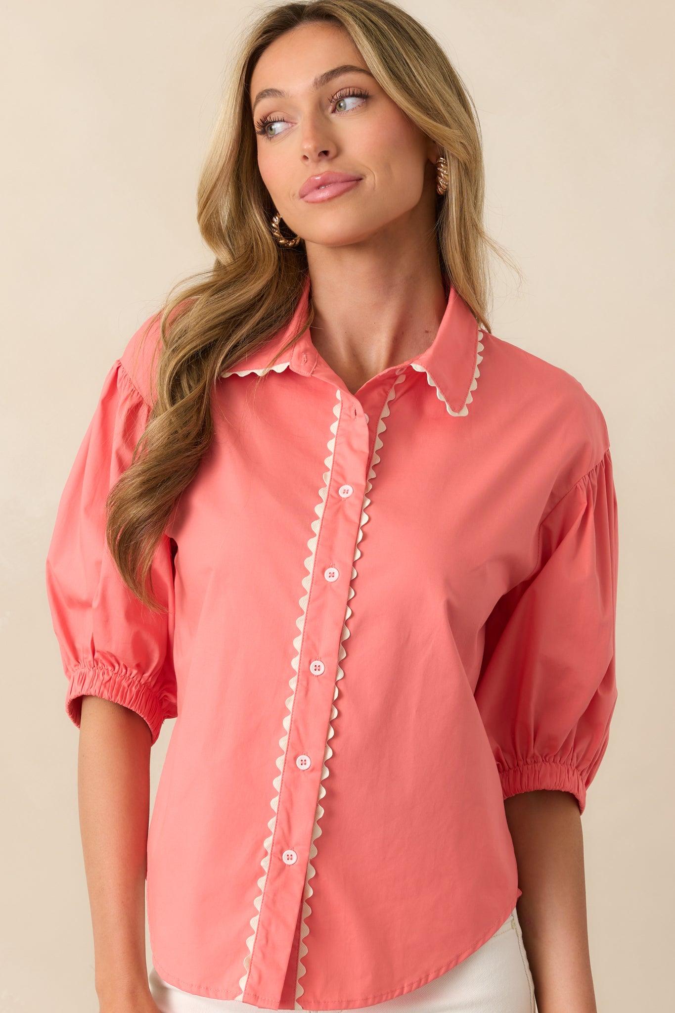 A Twist On Classic Pink Coral Cotton Button Front Top Product Image