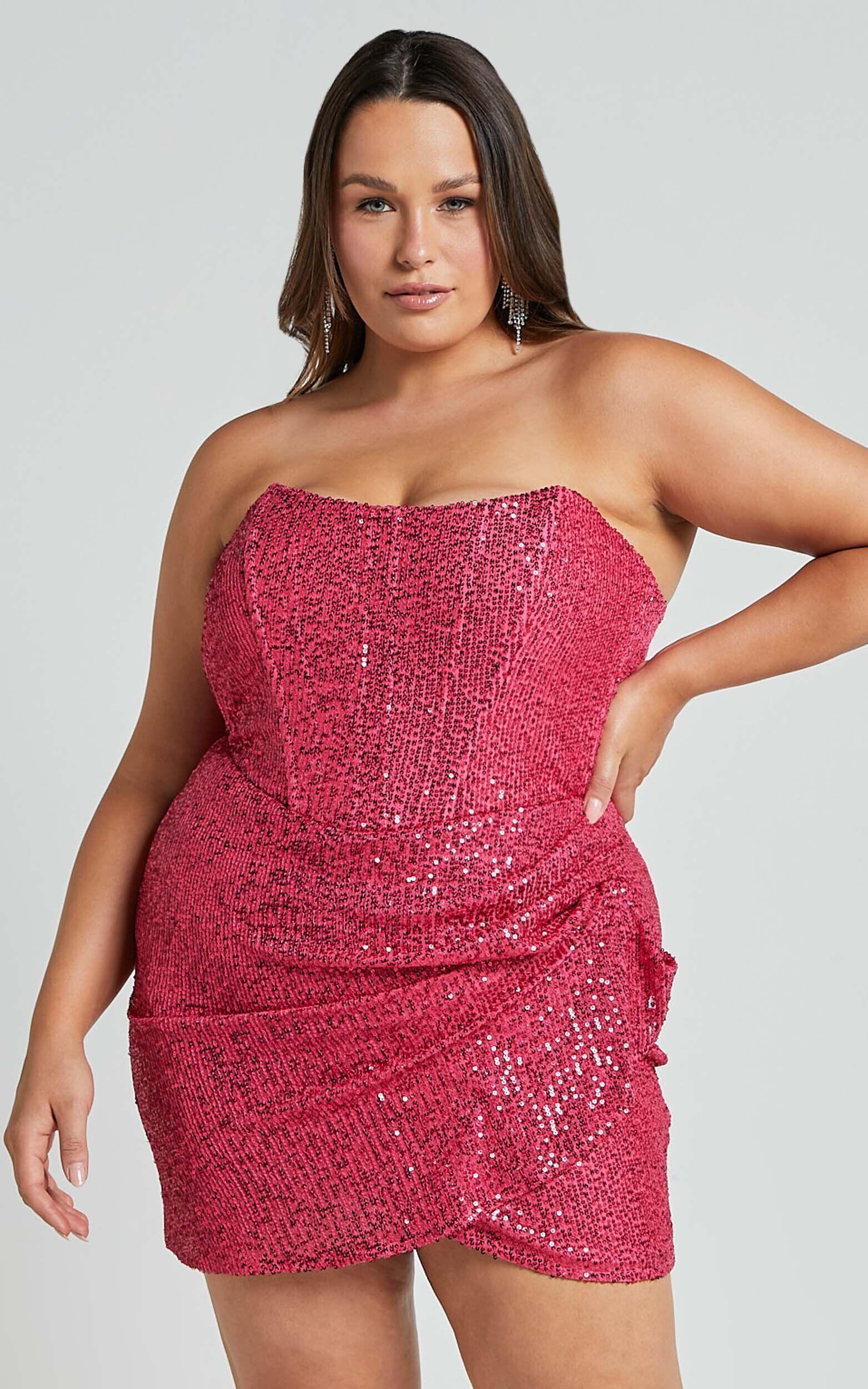Akhira Mini Dress - Corset Detail Strapless Sequin Dress in Pink Product Image
