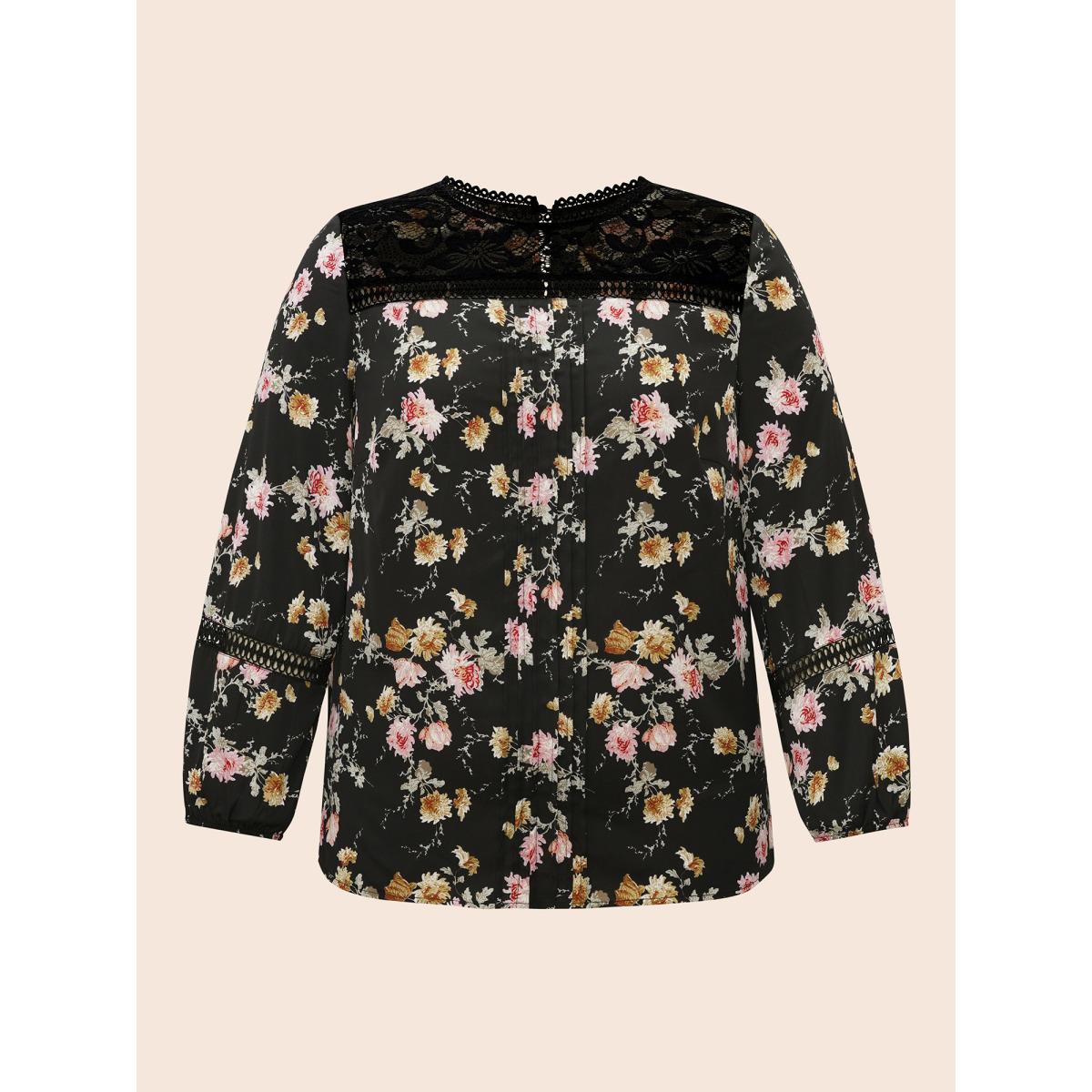 Plus Size Black Floral Lace Panel Lantern Sleeve Blouse Women Elegant Long Sleeve Round Neck Everyday Blouses BloomChic 28/5X Product Image