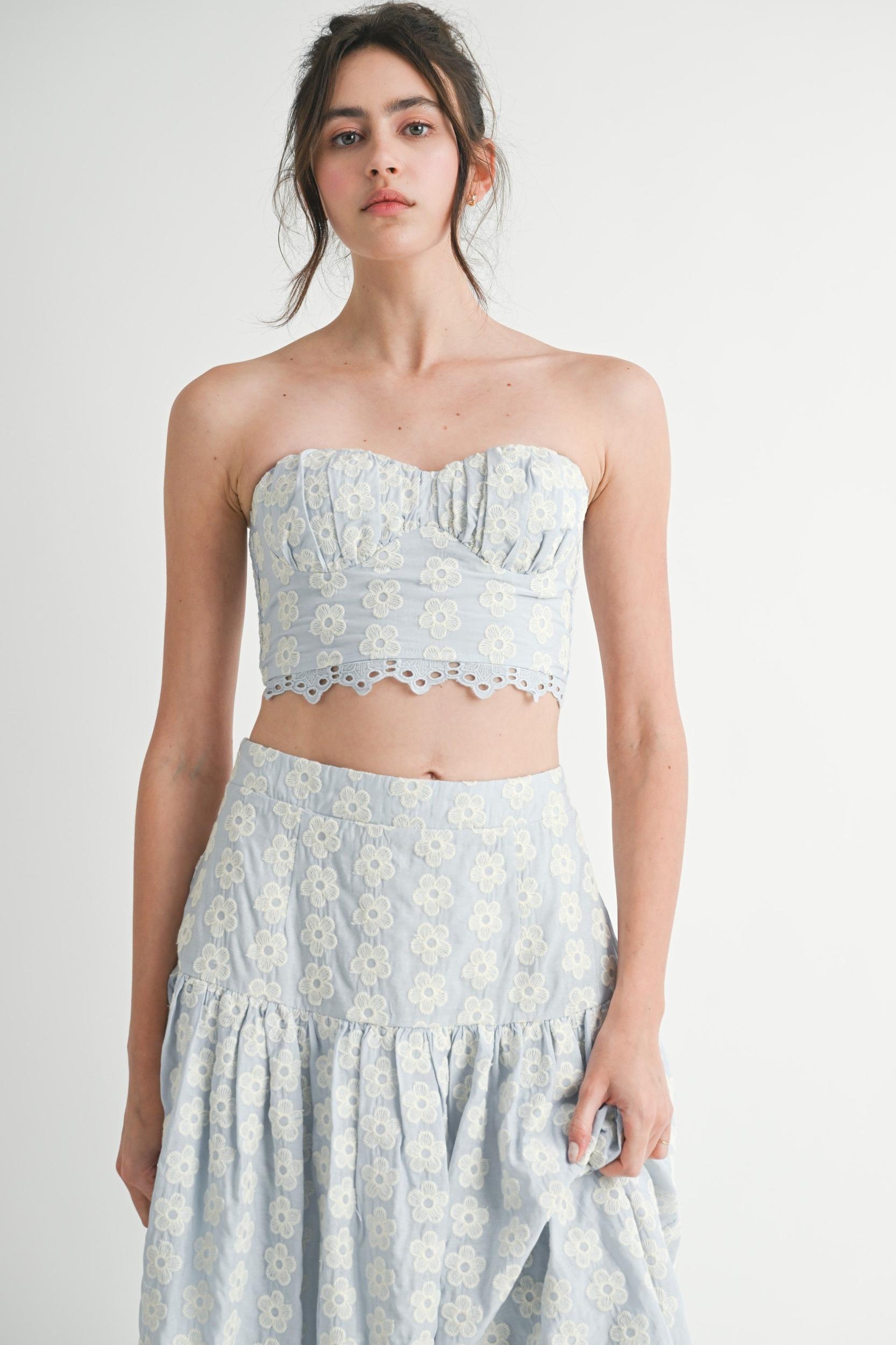 Alyssa Floral Eyelet Strapless Crop Top | Blue Product Image