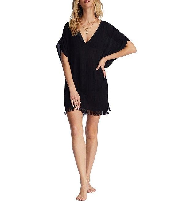 Billabong Walk Away Crinkled Striped V-Neck Fringe Swim Cover-Up Dress Product Image