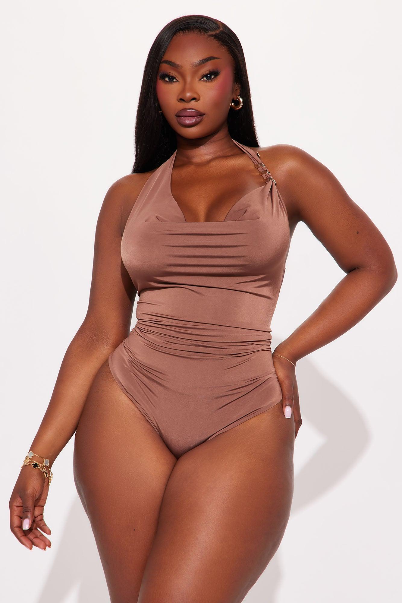 Snake Cowl Neck Halter Bodysuit - Chocolate Female Product Image