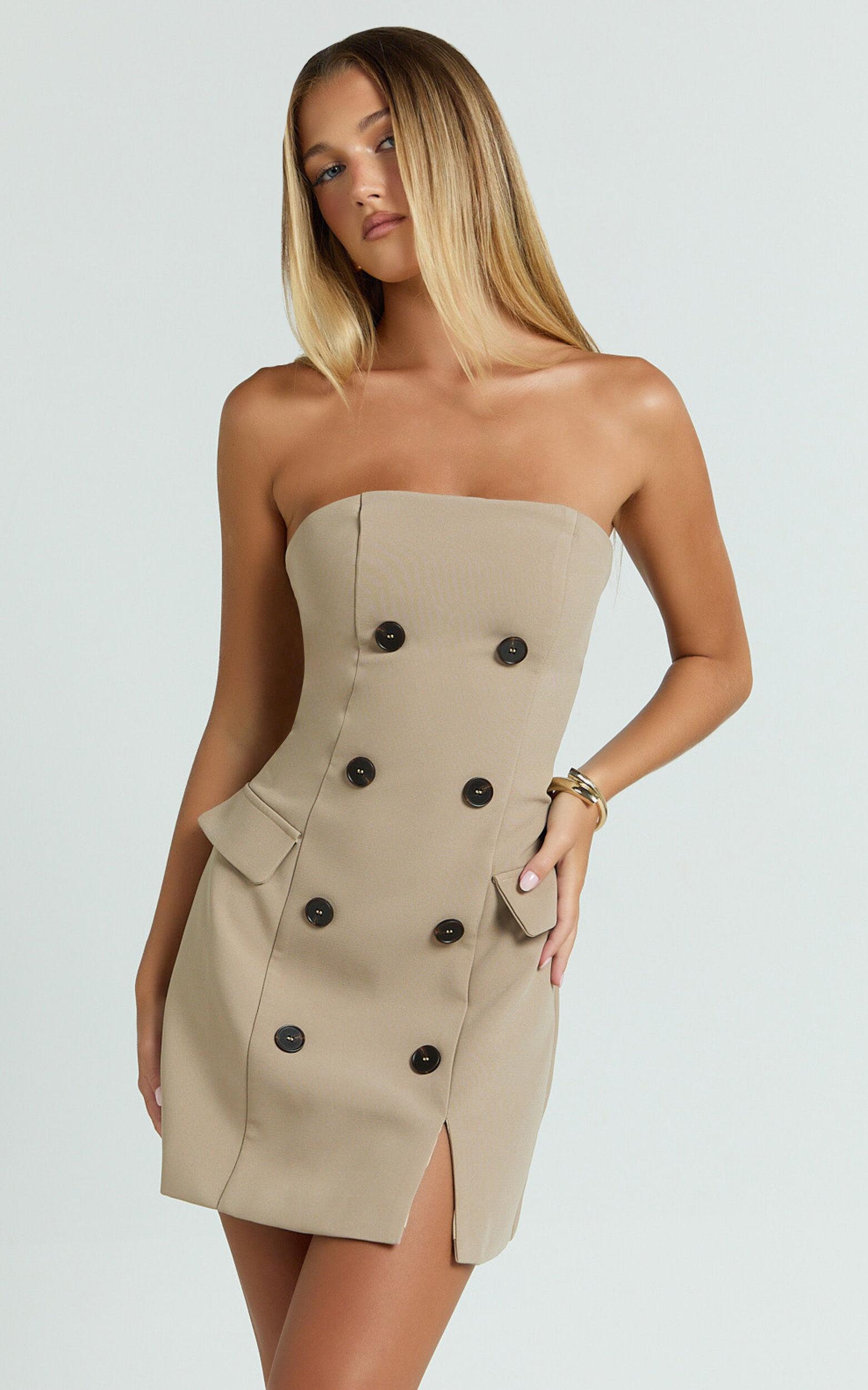 Tansy Mini Dress - Strapless Tailored Bodycon Dress in Tan Product Image