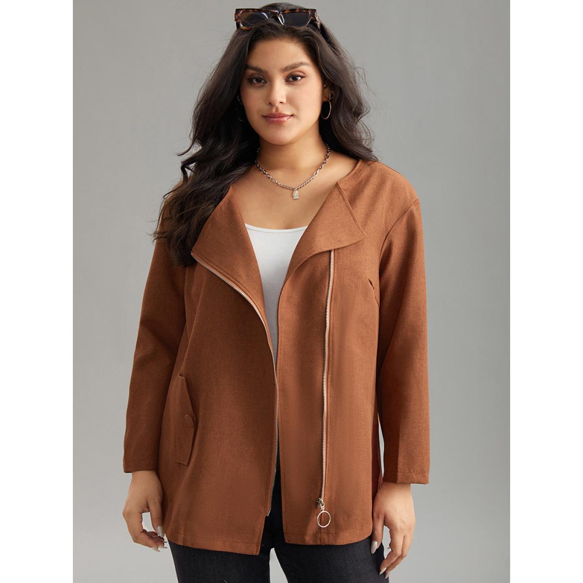 Plus Size Plain Asymmetrical Neck Zipper Jacket Women Chocolate Zipper Dailywear Jackets BloomChic 22-24/3X Product Image