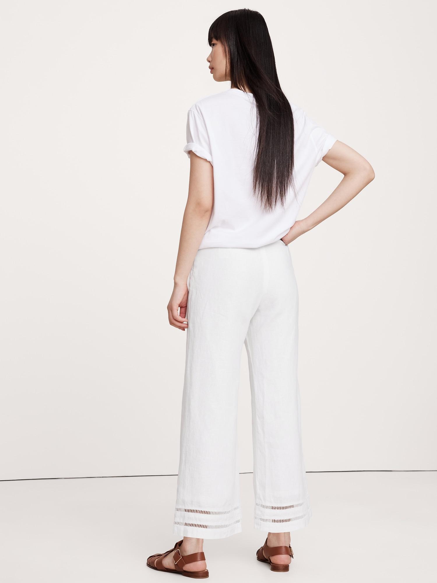 Mid-Rise Kick-Flare Lace-Trim Linen Ankle Pant Product Image