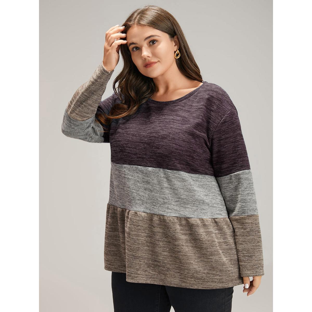 Plus Size Contrast Patchwork Gathered T-shirt Purple Women Casual Gathered Plain Round Neck Dailywear T-shirts BloomChic 14-16/1X Product Image