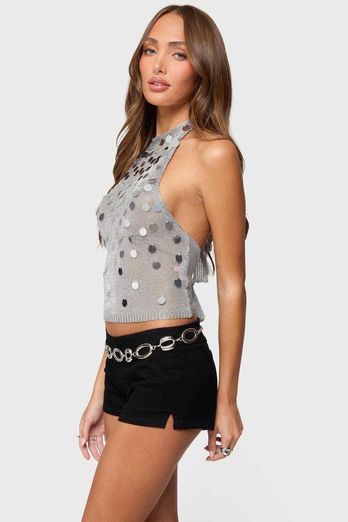 Shiny Sequin Backless Halter Top Product Image