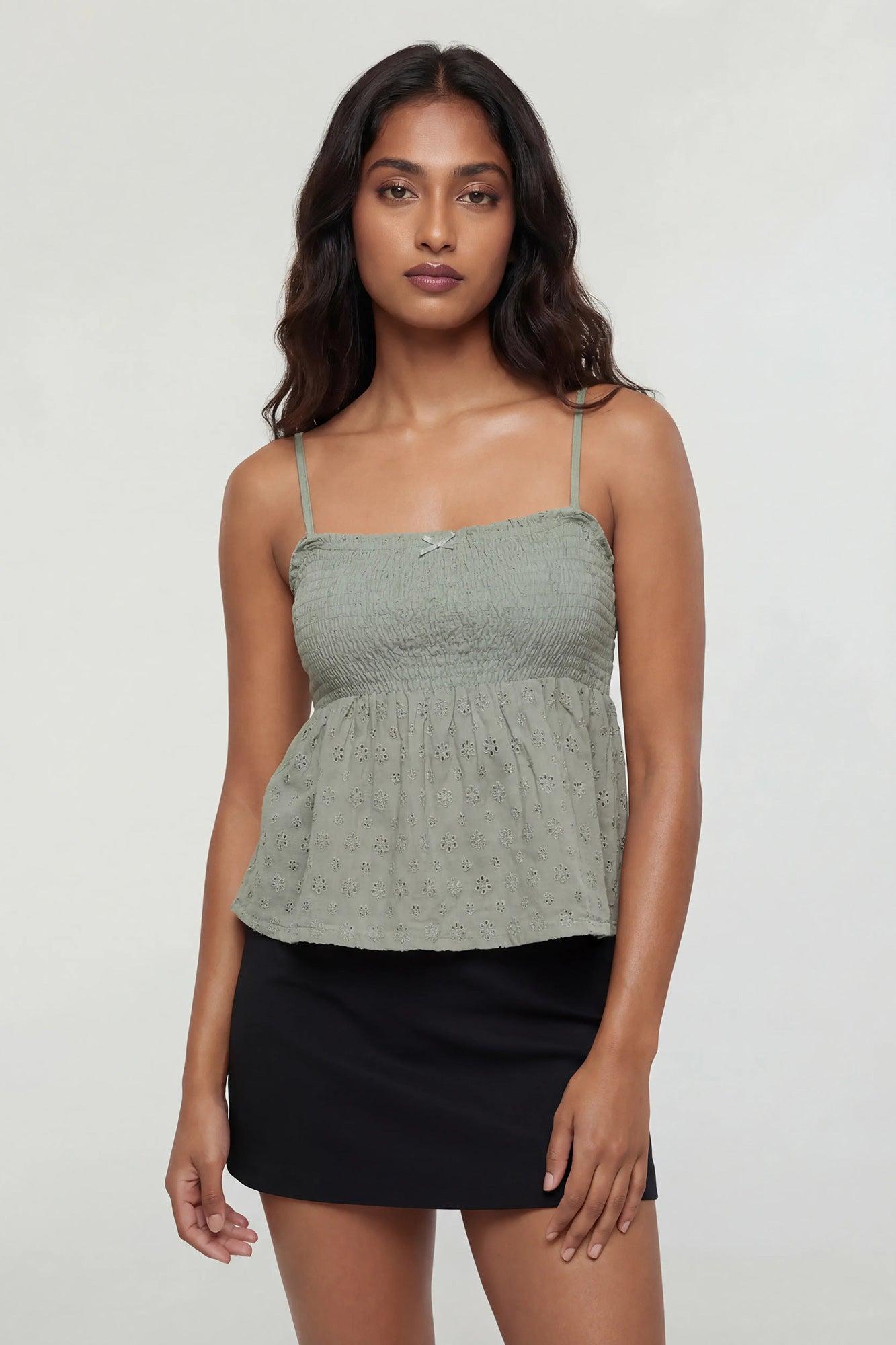 Smocked Eyelet Babydoll Tank Female Product Image