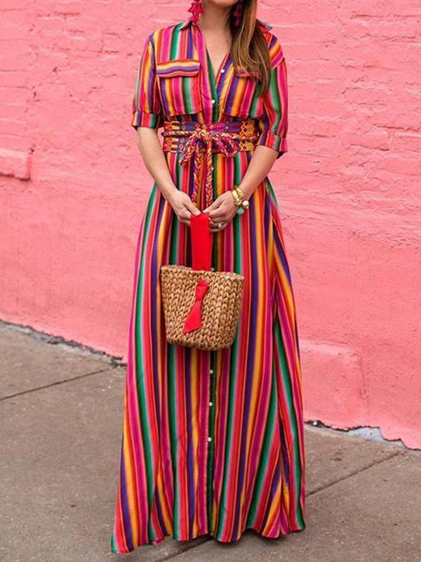 Long Sleeves Loose Split-Joint Striped Lapel Maxi Dresses Shirt Dress Product Image