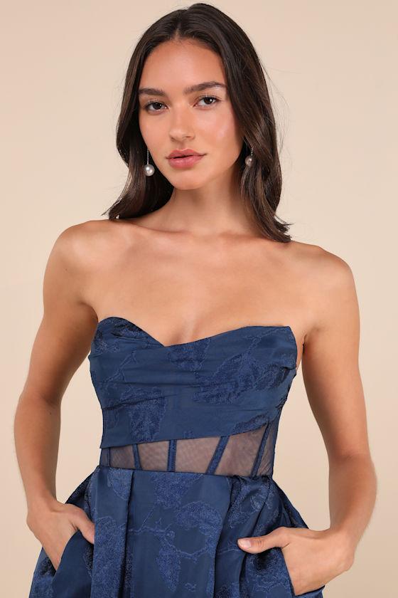 Enhanced Elegance Navy Jacquard Strapless Dress with Pockets Product Image