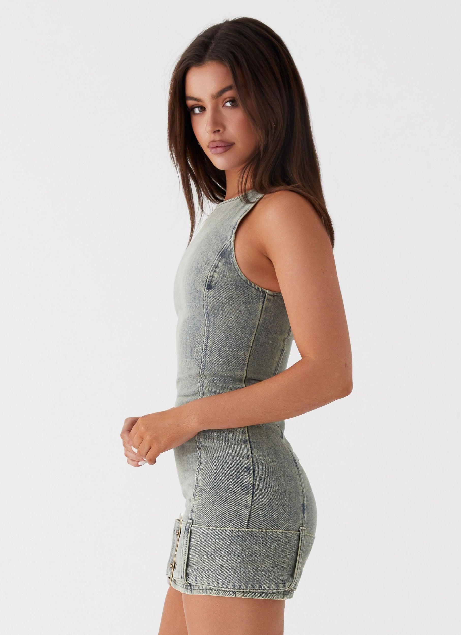 Dark Matter Mini Dress - Washed Denim Product Image