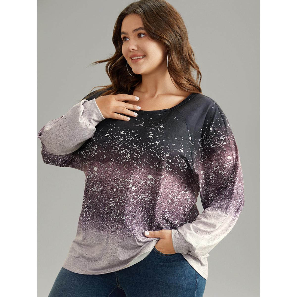 Plus Size Ombre Raglan Sleeve Contrast T-shirt Multicolor Women Casual Elastic cuffs Colorblock Round Neck Everyday T-shirts BloomChic 22-24/3X Product Image