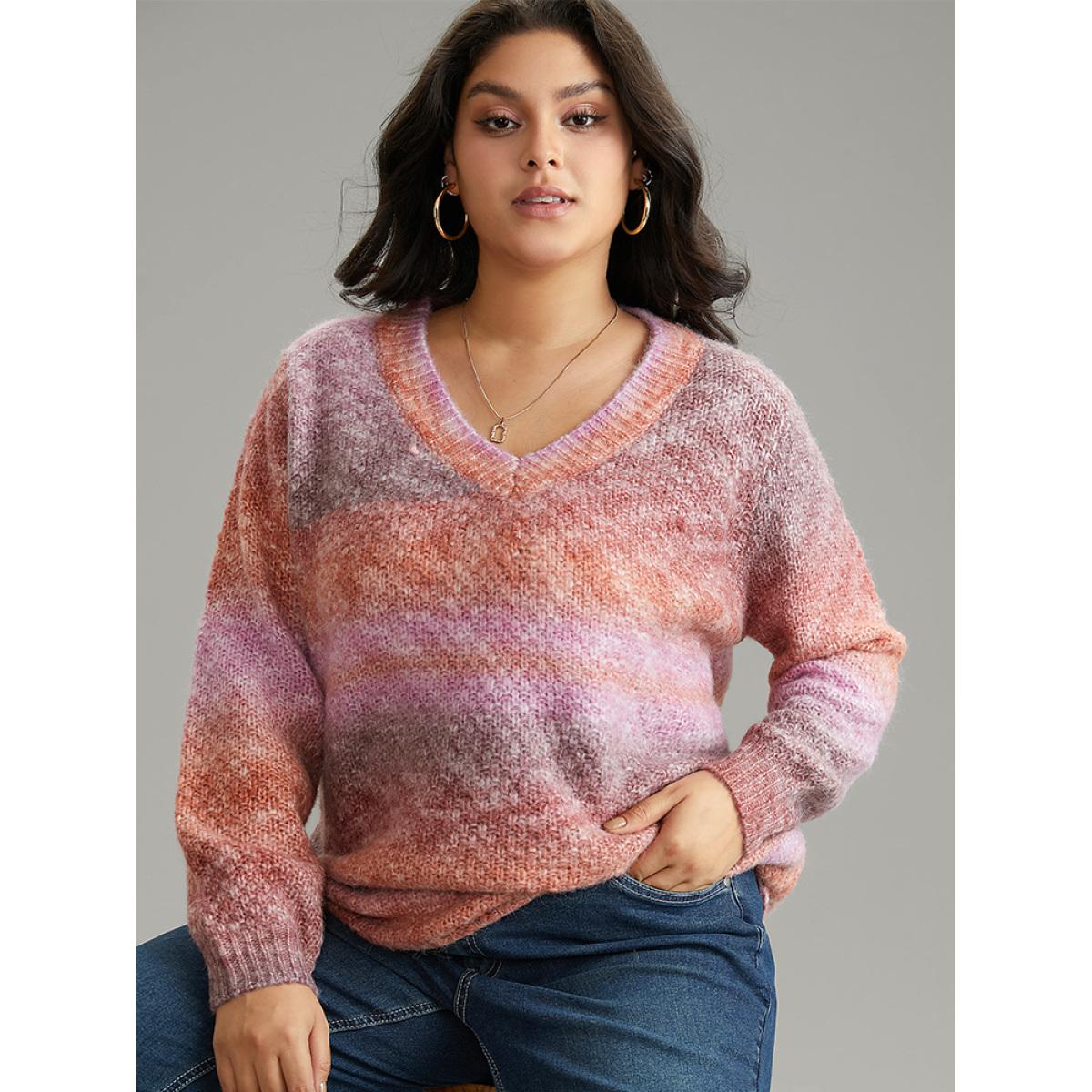 Plus Size Ombre Heather V Neck Pullover Multicolor Women Casual Loose Long Sleeve V-neck Dailywear Pullovers BloomChic 30/6X Product Image