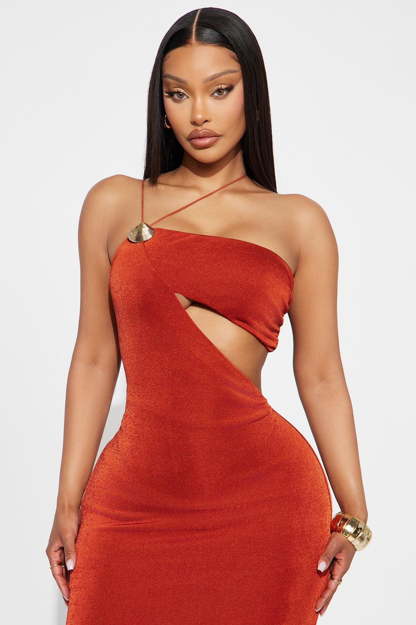 Off The Grid Asymmetrical Maxi Dress - Rust Female Product Image