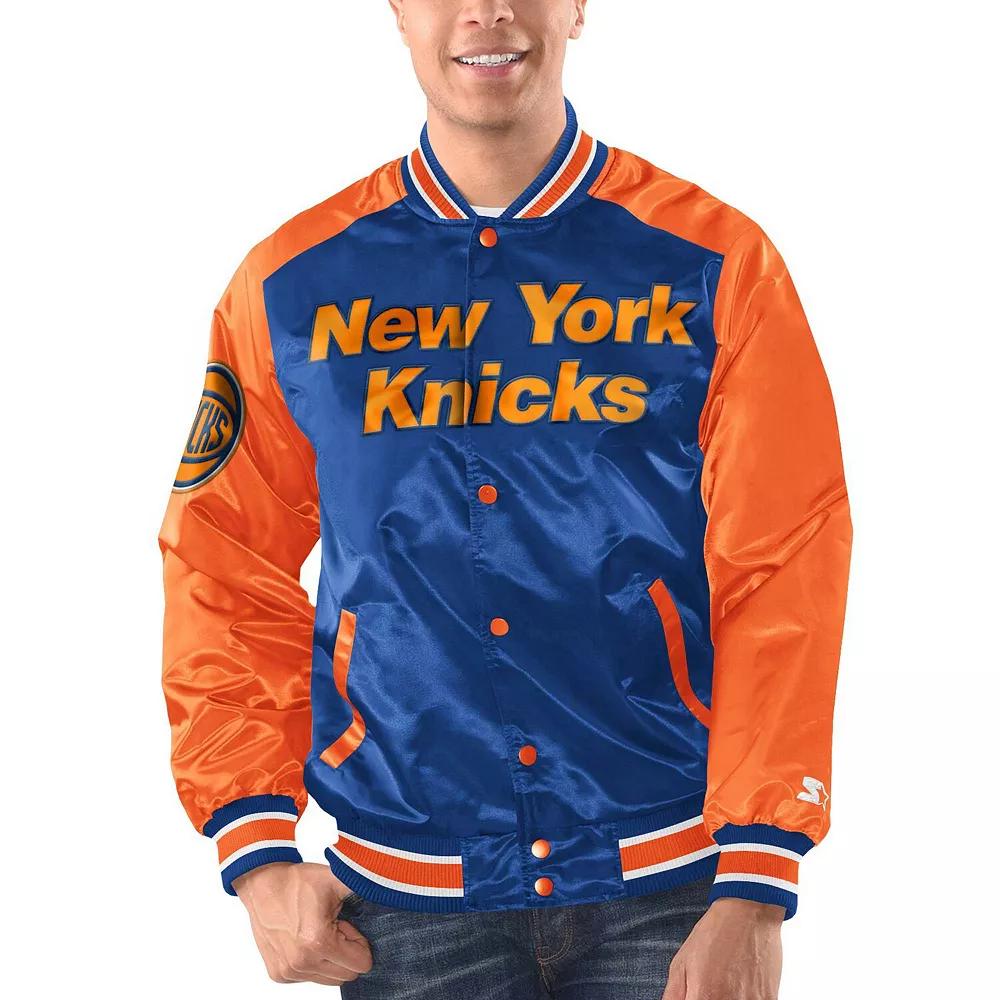 Men's Starter Blue/Orange New York Knicks Renegade Satin Full-Snap Varsity Jacket, Size: Medium Product Image