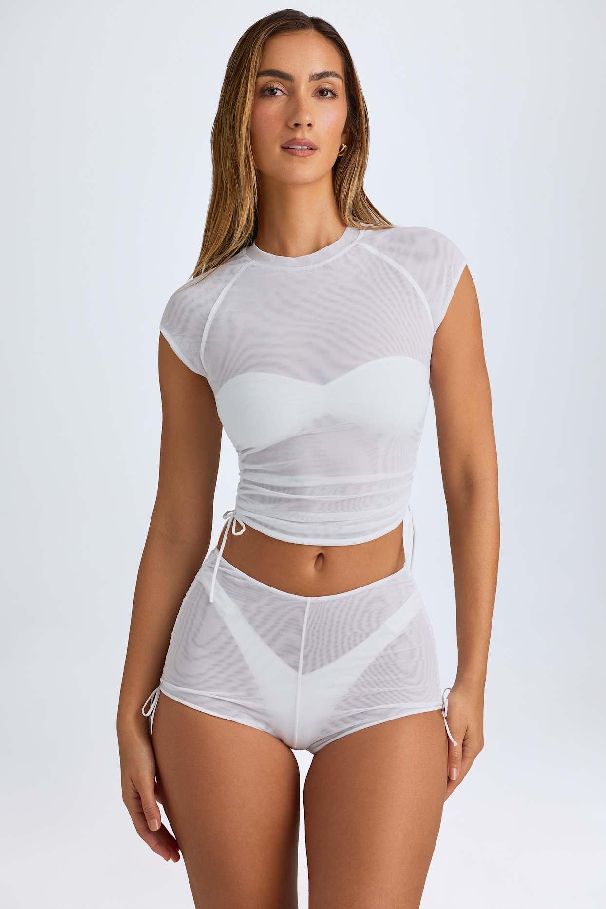 Sheer Ruched Mini Shorts in White Product Image