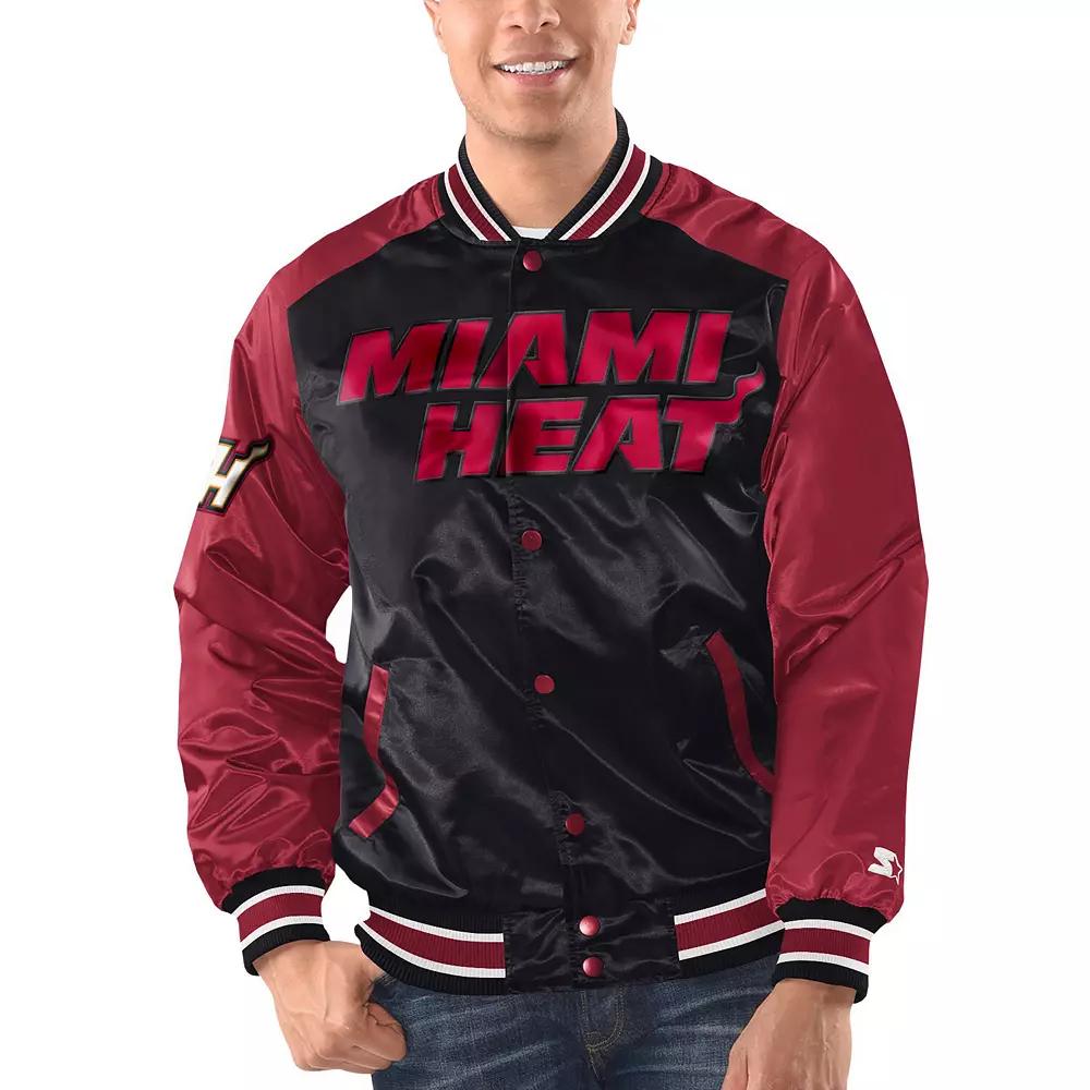 Men's Starter Black/Red Miami Heat Renegade Satin Full-Snap Varsity Jacket, Size: Large Product Image