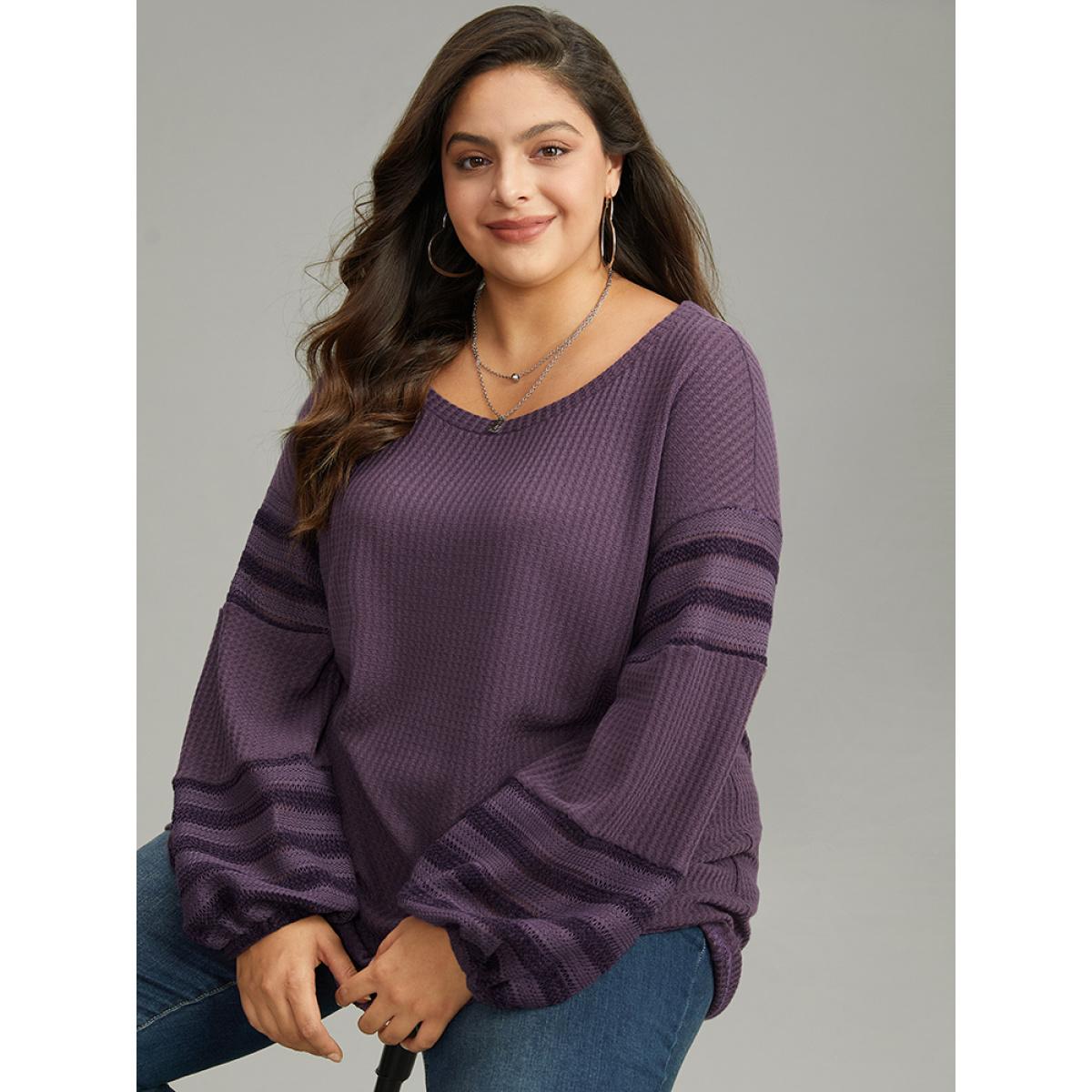 Plus Size Plain Texture Patchwork Hollow Out T-shirt Mauve Women Casual Elastic cuffs Plain Round Neck Dailywear T-shirts BloomChic 28/5X Product Image