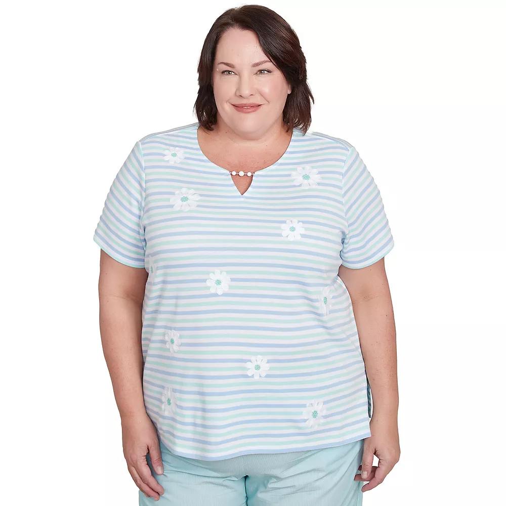 Plus Size Alfred Dunner Embroidered Daisy Striped Tee, Women's, Size: 1XL, Green Team Product Image