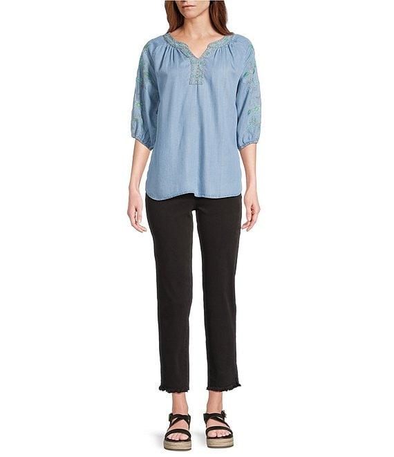 Multiples Solid Garment Dyed Straight Leg Fringe Hem Pull-On Ankle Pants Product Image