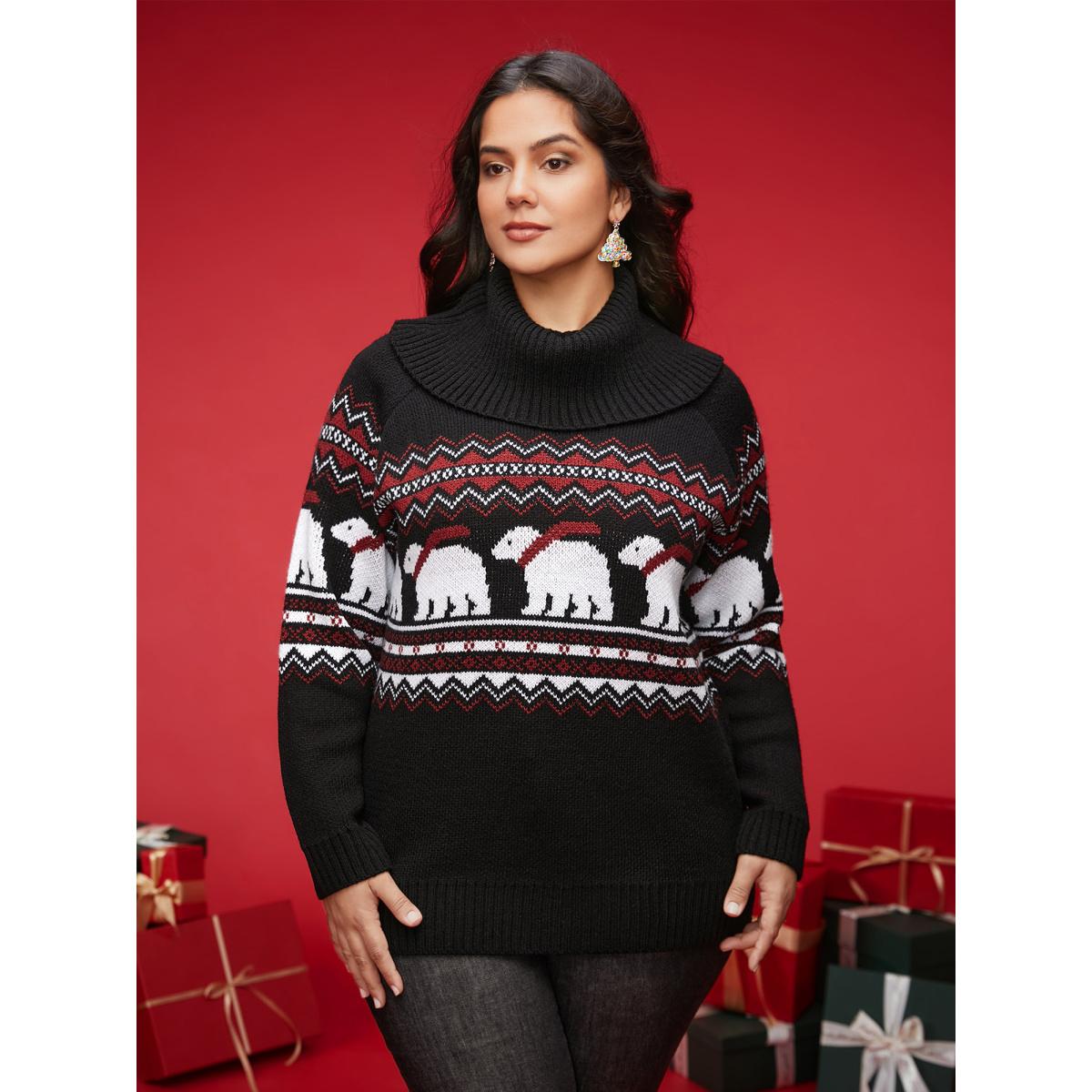 Plus Size Polar Bear Motifs Turtle Neck Pullover Black Women Casual Loose Long Sleeve Turtleneck Everyday Pullovers BloomChic 10/M Product Image