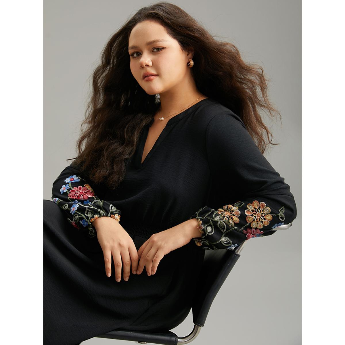 Plus Size Floral Embroidered Notched Midi Dress Black Women Elegant Elastic cuffs Notched collar Long Sleeve Curvy Midi Dress BloomChic 28/5X Product Image