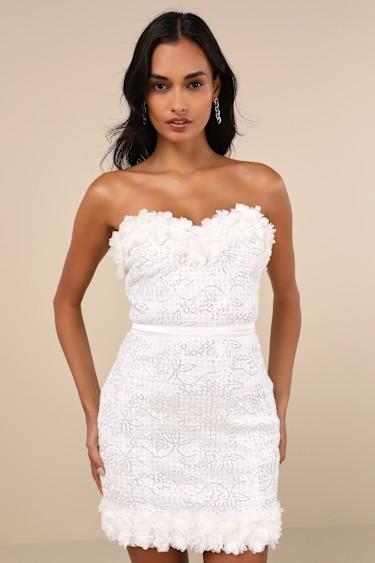 Ideal Party White Sequin Strapless 3D Floral Mini Dress Product Image