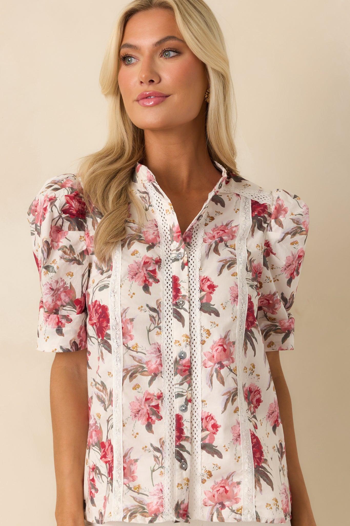 On Your Mind Pink Multi Floral Print Cotton Button Front Top L / White Product Image