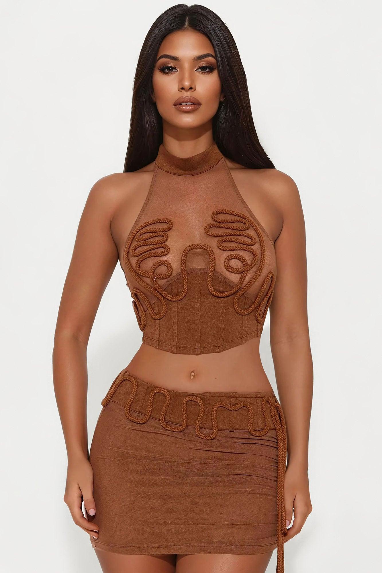 No Hard Feelings Mesh Mini Skirt Set - Brown Female Product Image